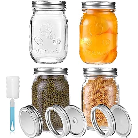 YUEYEE Einmachgläser mit Deckel 4er Marmeladengläser 450ml/16oz aus Klarglas Einmachgläser mit Schraubdeckel Perfekt für Hausgemachte Marmelade,Gelee Reis,Zucker oder Nudeln mit Ersatzdeckel Cover