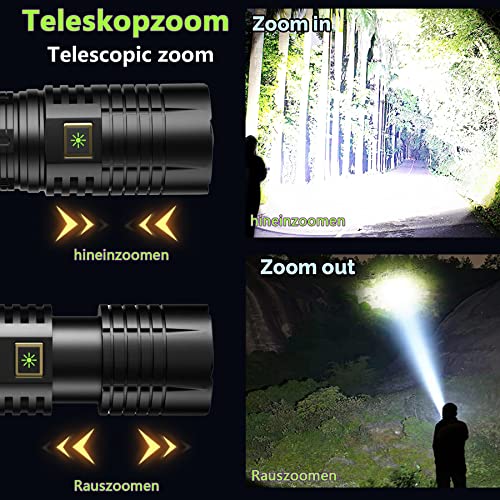 ASORT Taschenlampe Led Extrem Hell 1000000 Lumen, USB Aufladbar Taschenlampen Mit 6000mAh AKKU, IPx67 Wasserdicht 5 Lichtmodi für Camping Wandern Notfälle (3 * 18650 Akku) – Bild 3