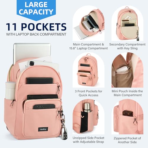 Carry On Travel Backpack For Women, 18 Inch Water Resistant Large Backpack Lightweight Bookbag For Men, 8x14x18 Personal Item Bag Casual Daypack Backpacks For Work Office Commuter (Pink)3