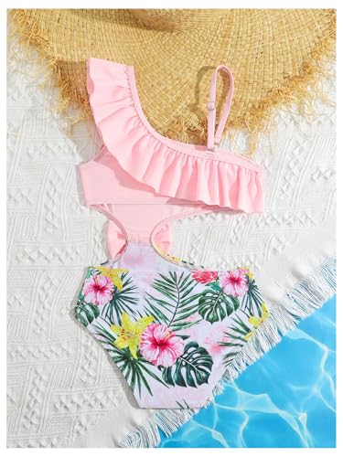 SweatyRocks Girl's Ruffle Tropical Print One Piece Bow Swimsuit Asymmetrical Cut Out Bathing Suit2