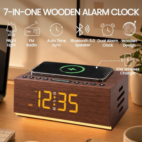Hoifen Wooden Digital Alarm Clock, Wireless Charging & Bluetooth Speaker - Image 2