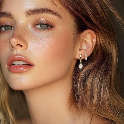 Sonateomber Pearl Hoop Earrings Set for Women, 3 Pairs Dainty 14k Gold Plated Rhinestone Small Huggie Stud Earing Prom Everyday Fashion Jewelry Gift3