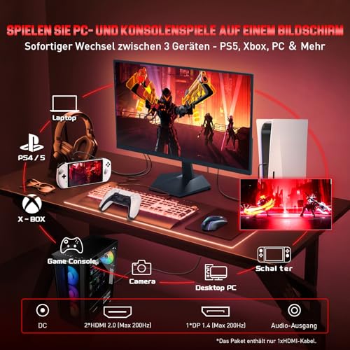 Minifire 24.5 Zoll FHD Gaming Monitor - 200Hz 1ms mit Fast IPS Panel | 1080P PC Monitor Gaming mit AMD Free Sync,120% sRGB,Deutsche Rheinzertifizierung Eye Care | HDMI 2.0 * 2 & DP 1.4 * 1 (MFG25X1) – Bild 6