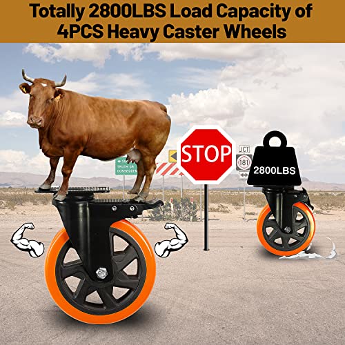 6 Inch Heavy Duty Swivel Casters, Load 2800 Lbs, Double Locking, Double Bearings, Individual Brake PVC Material, Set of 4