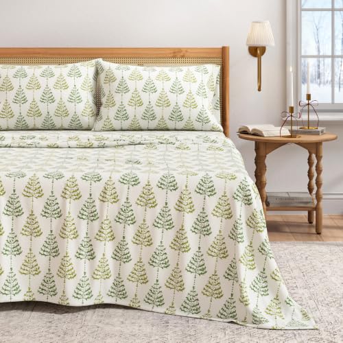 Image of Great Bay Home Christmas Flannel Sheet Set Twin Size - 100% Turkish Cotton, Double-Brushed, Winter Bed Sheets - Ultra-Soft, Cozy, 3-Piece Holiday Bedding Set (Vertical Trees)