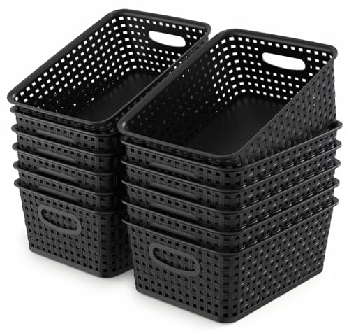 WYT 12-Pack Plastic Small Shelf Storage Weave Baskets for Organizing, Black