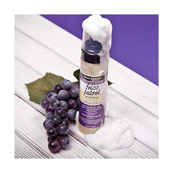 Aunt Jackie's Grapeseed Style and Shine Recipes Frizz Patrol Anti-Poof Setting Hair Mousse, Sets Curly Hair Styles in Place,Purple Fl.Oz 8.5 Ounce