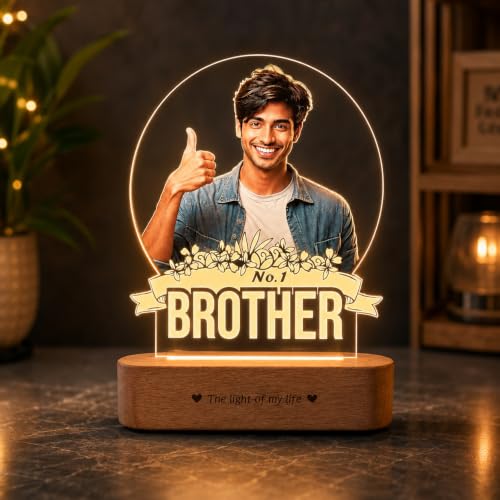 Image of ZOCI VOCI Personalized Rakhi Gifts - No.1 Brother Custom UV Printed LED Photo Lamp, Warm White Acrylic Night Lamp with Wooden Base, Customized Rakshabandhan Gift