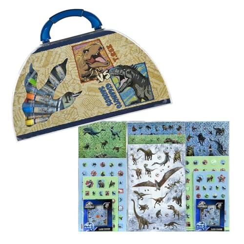 Mallette de coloriage Jurassic World Dinosaures pour enfants 51 pièces avec kit d'autocollants – Kit de coloriage avec contenu stylo bloc de coloriage –...