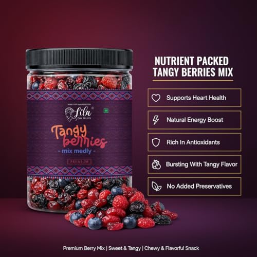 Image of LILA DRY FRUITS Tangy Berries Mix Medley 100 gms - Cranberry, Blueberry, Strawberry, Red Cherries & Black Raisins | Sweet & Tangy Dried Fruit Snack | Healthy Snack Mix Perfect for Gifting