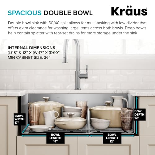 Kraus Kitchen Sinks Undermount - 32 Inch Stainless Steel Kitchen Sink, 60/40 Double Bowl, 16 Gauge, Model KHU103-32 - image 7