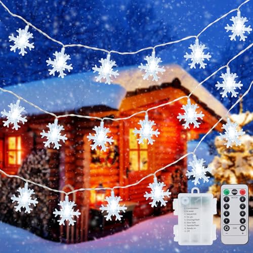 Qoosea Guirlande Lumineuse avec Flocons de Neige 40LED 6M Guirlande LED à Piles 8 Modes Lumières de Noël Intérieur Extérieur Résistant à l'eau avec...