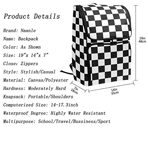 Naanle Chic Black and White Racing Flag and Checkered Pattern Casual Daypack College Students Multipurpose Backpack Large Travel Hiking Computer Bag for Boys Girls2