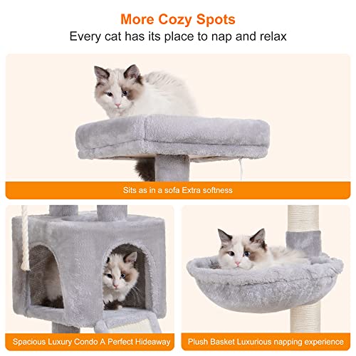 Image of Heybly Cat Tree, Cat Tower for Indoor Cats with Scratching Board, Multi-Level Cat Furniture Condo with Feeding Bowl Light Gray HCT010SW