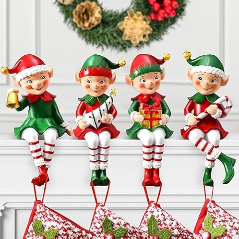 Christmas Stocking Holder for Mantle Set of 4, Christmas Elf Stocking Hangers for Mantle Fireplace, Non-Slip Hand-Painted Stocking Holders for Christmas Decorations Cover