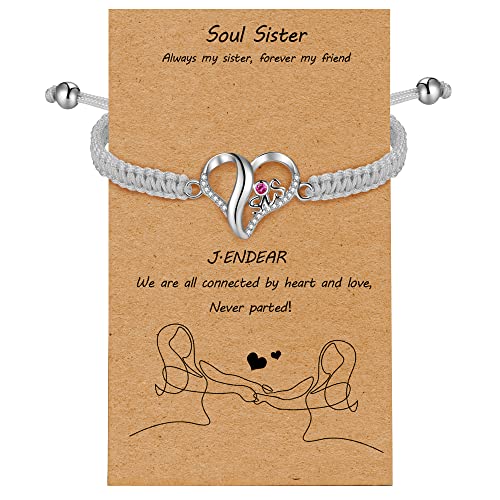 J.Endéar Sister Heart Bracelet for Women 925 Sterling Silver, Cubic Zircon Bracelet Handmade Braided Rope String Jewelry Adjustable 16+8cm, Grey