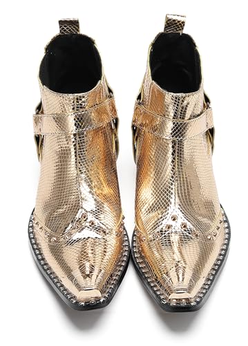 Santimon Chelsea Boots White Dress for Men Prom Casual Genuine Leather Pull Up Belt Buckle Metal Tip Ankle Boots Mens Fashion Tuxedo Wedding Ballroom Party Disco Western Cowboy Boots for Men2