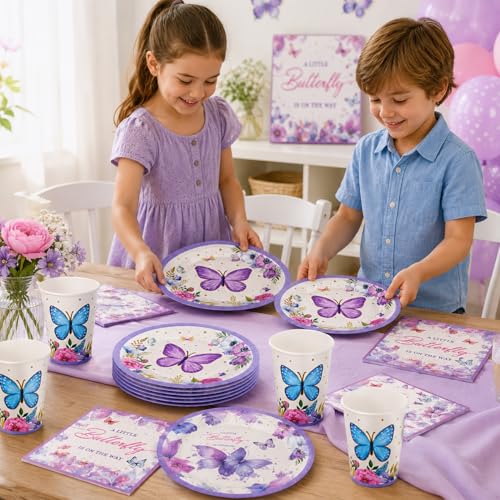 Image of Rozi Decoration Butterfly Theme Party Tableware Set | 40 Pcs Disposable Party Supplies Combo with 10 Plates, 10 Cups, 20 Napkins | Floral Purple Butterfly Decoration Kit for Birthday Celebration