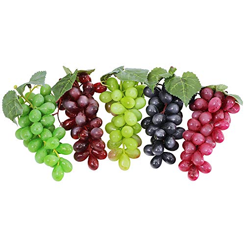 Supla 5 Pack Assorted Artificial Grapes Frosted Grape Clusters Rubber Grape Bundles Decorative Grapes Bunches in Black Purple Red Green for Vintage Wedding Favor Fruit Wine Décor Faux Fruit Props