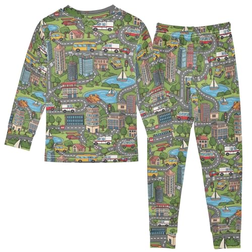Pajama Sets Long Sleeve Cityscape with Cars and Buildings Soft Comfy Sleepwear 2 Piece PJS 3-8T3