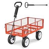 VEVOR 900 LBS Steel Garden Cart, 2 in 1 Handle, Heavy Duty Pullable Garden Wagon with 10' Flat-Free Tires, Outdoor Utility Yard Wagon Cart with Detachable Side Panels, Attach to ATV or Tractor, Red