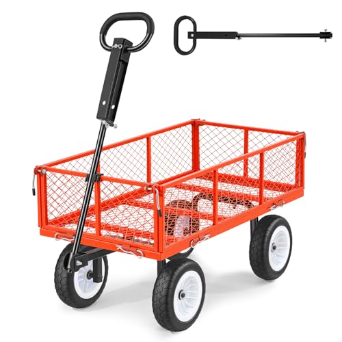 Image of VEVOR 900 LBS Steel Garden Cart, 2 in 1 Handle, Heavy Duty Pullable Garden Wagon with 10 inch Flat-Free Tires, Outdoor Utility Yard Wagon Cart with Detachable Side Panels, Attach to ATV or Tractor, Red
