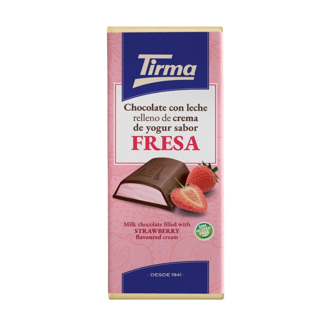 Tirma Milk Chocolate Bar filled with Strawberry flavoured Cream, 103g - Gluten Free, Vegetarian, Cream-Filled Chocolate