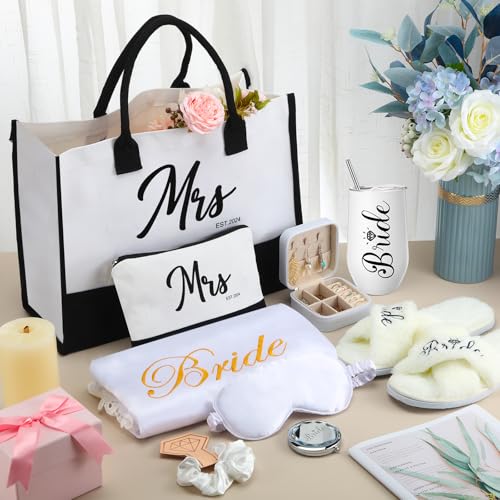 Image of JaGely 9 Pcs Bride to Be Gifts Set Bridal Shower Bachelorette Wedding Gifts with Robe Slippers Tumbler Tote Bag & Bridal Kit
