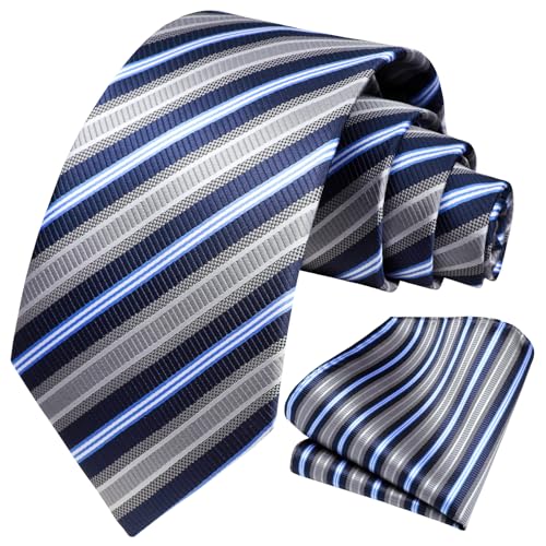 Image of HISDERN Mens Striped Ties Classic Silk Woven Tie and Pocket Square Set Formal Business Necktie Handkerchief for Wedding