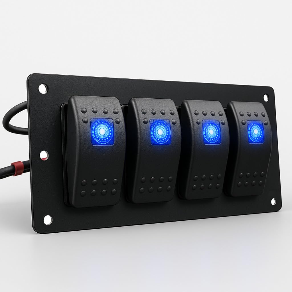 MGI SpeedWare 4 LED Rocker Switch Panel, 12/24vDC Automotive and Marine, Black Powdercoat Steel (Blue)
