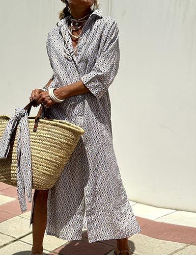 Image of Hooever Shirt Dresses for Women Casual Long Sleeve Button Down Loose Striped Cotton Maxi Shirt Dress