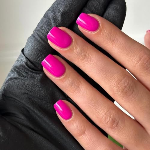 KQueenest Set di 24 unghie finte da incollare, colore rosa caldo, per unghie finte da applicare, in gel lucido Full Cover in acrilico, per donne