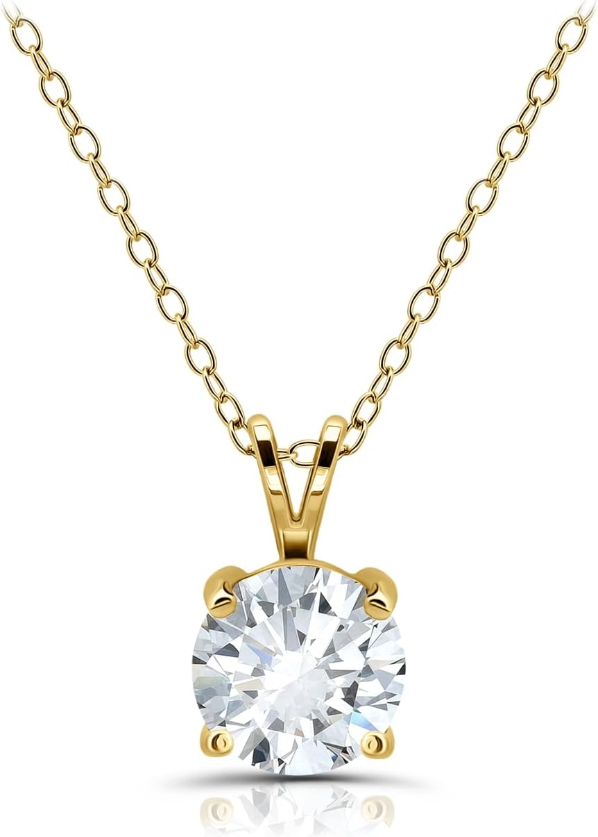 Hoops & Loops 925 Sterling Silver Cubic Zirconia Round Solitaire Necklace for Women, Silver, Yellow Gold, Rose Gold