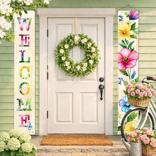 Image of Hometitute 2 Pcs Spring Summer Welcome Floral Porch Banners Butterfly Flower Hanging Flag Porch Sign for Front Door Wall Porch Banners Vintage Spring Decorations Seasonal For Yard Indoor Outdoor Decorations