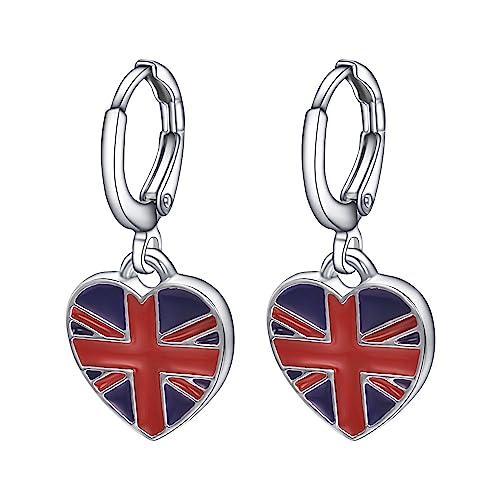Vogem Union Jack Heart Earrings for Women White Gold Plated UK Flag Dangle Earrings Personality and Fashion Jewellery