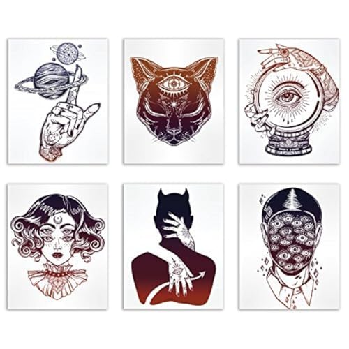 Occult Tattoo Prints - Set of 6 (8x10 Inches) Glossy Wall Art Decor - Alchemy - Witch - Devil -Third Eye Cat - Planets - Crystal Ball - Creepy Eyes
