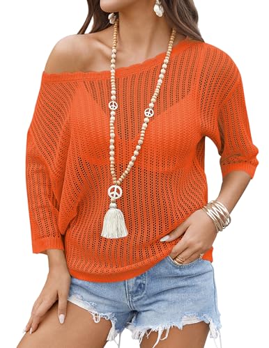 Image of Zeagoo Womens Summer Tops Crochet Sweaters Resort Wear 3 /4 Sleeve Hollow Out Knit Tops 2026 Beach Coverup