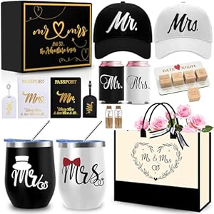 Wedding Gifts for Couple 2026, Personalized Mr & Mrs Gifts with 12 Oz Tumblers Hats Tote Bag Passport Holders Baggage Tags Dice for Honeymoon Travel, Engagement, Newlyweds, Bridal Shower, Anniversary