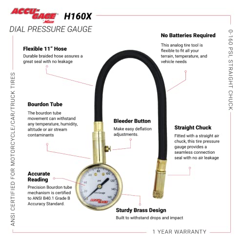 Accu-Gage Tire Gauge â (0-160 PSI) Tire Pressure Gauge with 11 in Braided Air Hose Straight Air Chuck - ANSI Certified/Bleeder Valve for Motorcycle/Car/Truck Tires - Image 5