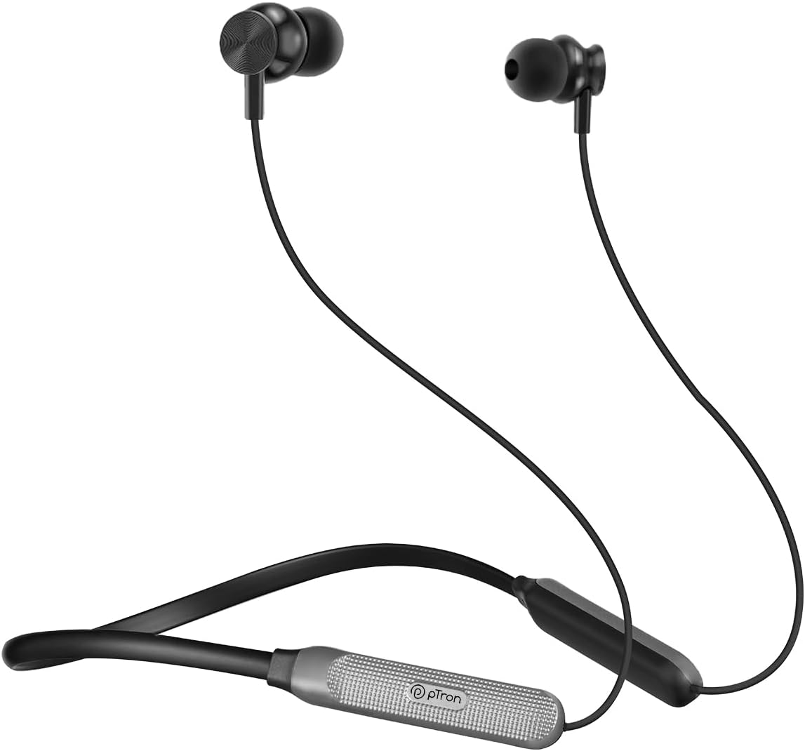 pTron Tangent Duo Bluetooth 5.2 Wireless in Ear Headphones, 13mm Driver, Deep Bass, HD Calls, Fast Charging Type-C Neckband, Dual Pairing, Voice Assistant & IPX4 Water Resistant (Black/Grey)