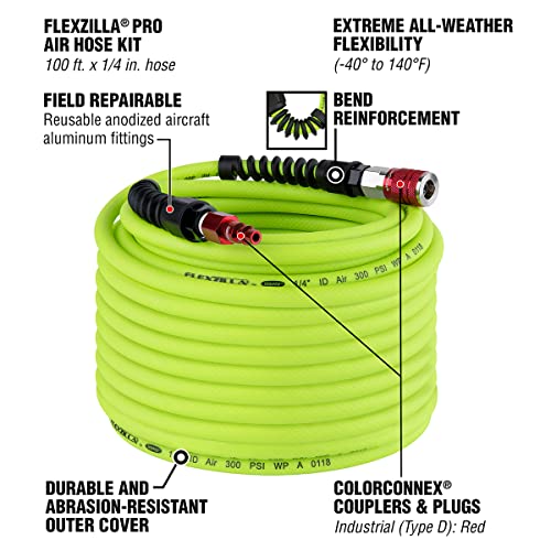 Flexzilla Pro HFZP14100YW2-D Air Hose Kit, Flexzilla with Plug & Coupler, 1/4" (inches) x 100' (feet) - Image 3
