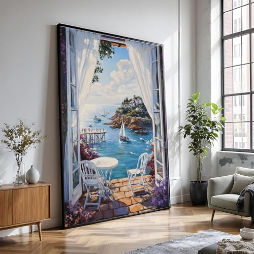 Toile vue côtière méditerranéenne 60x80cm pour décoration murale salon