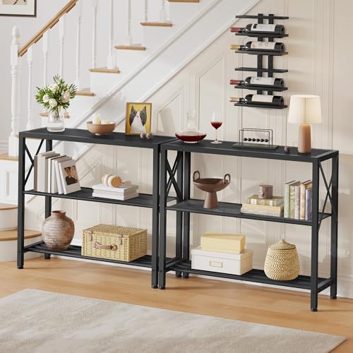 Image of Hoctieon Set of 2 Industrial Console Table, 3 Tier Entryway Table, Metal Frame, Sofa Table with Shelf, Hallway Table, Entrance Table for Entryway, Living Room, Foyer, Hallway, Black