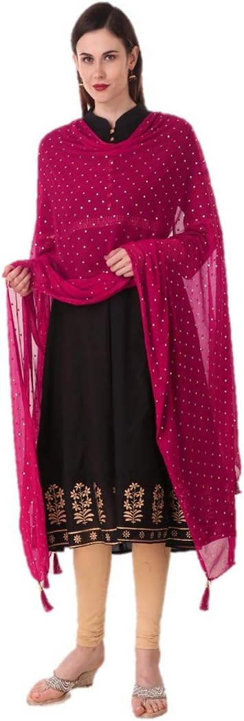kalpit creationsWomen's Nazmin Chiffon Printed Dupatta With Golden Dots And Hangings, rani, free size