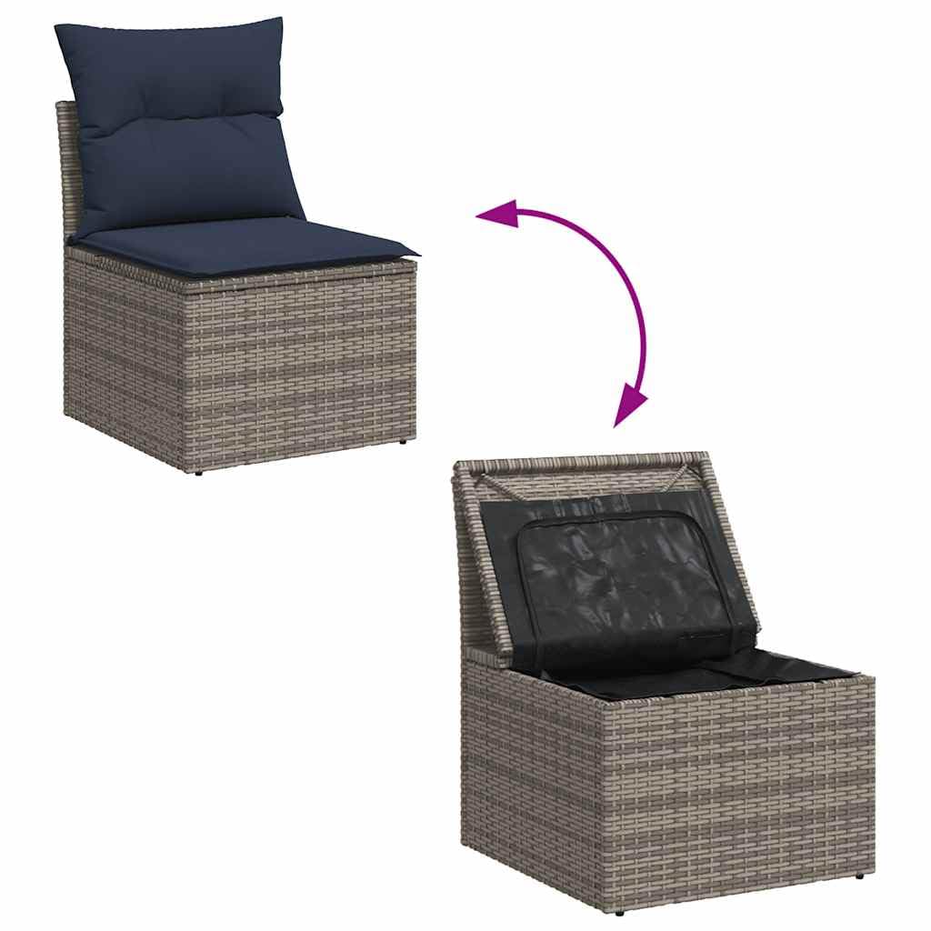 Set Divano da Giardino 6 Pezzi in Polyrattan Grigio con Tavolo | Salotto componibile da esterno per terrazzo con tavolino sollevabile e cuscini blu marino per momenti di relax in famiglia.
