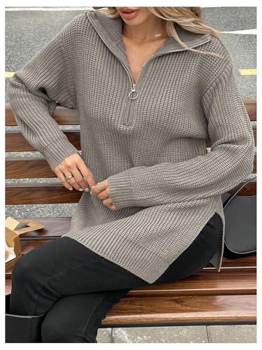 Verdusa Women's Quarter Zip Pullover Sweaters Streetwear Split Ribbed Knit Tops3