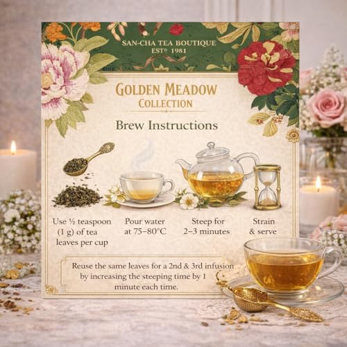 Image of Sancha Tea Boutique, Golden Meadow Collection, Luxury Tea Gift Box, Chamomile, Lavender, Peppermint & Oolong Assortment, Premium Loose Leaves, 350g