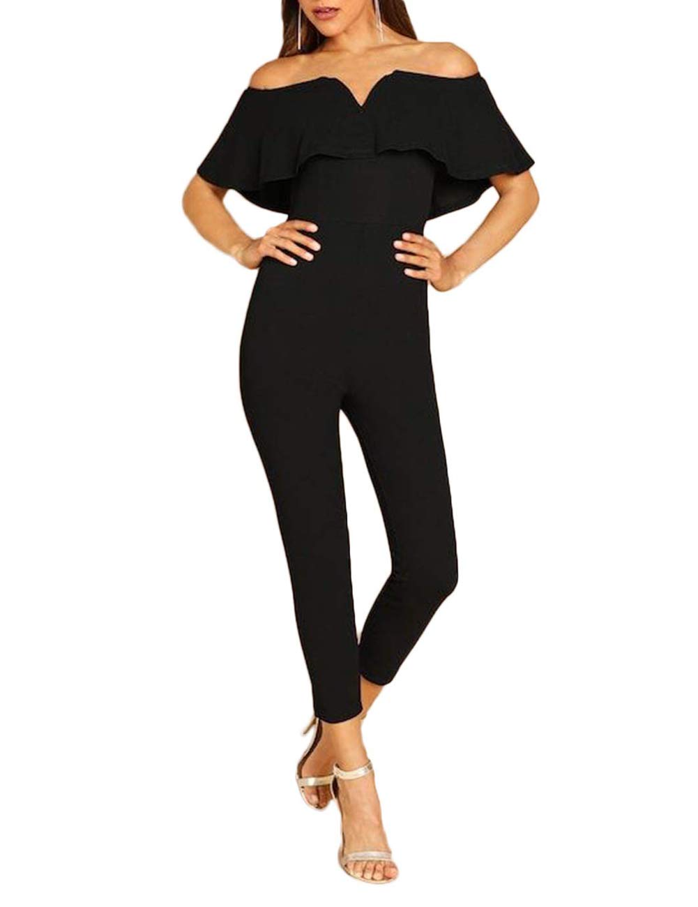 GOOCHEERWomen's Elegant Off Shoulder Ruffles One Piece Stretchy Bodycon Long Pant Jumpsuit Rompers