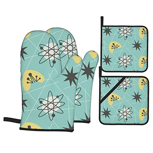 Mukjhoi Oven Mitts Pot Holders Set Of 4 Heat Resistant Kitchen Waterproof Mid Century Modern Geometric Atom Women Men Home Cooking Baking Microwave Bbq Gift #TOP1