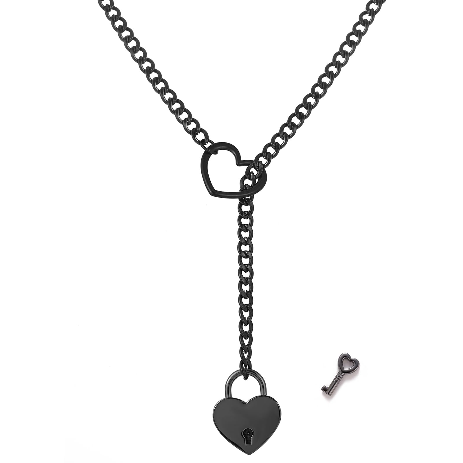 Black Stain Steel Slip Chain Necklaces Gothic Cuban Chain Bar Necklace Punk Rock Collar Necklace Handmade Adjustable Lariat Y Necklaces Halloween Jewelry Gift for women: Heart Lock